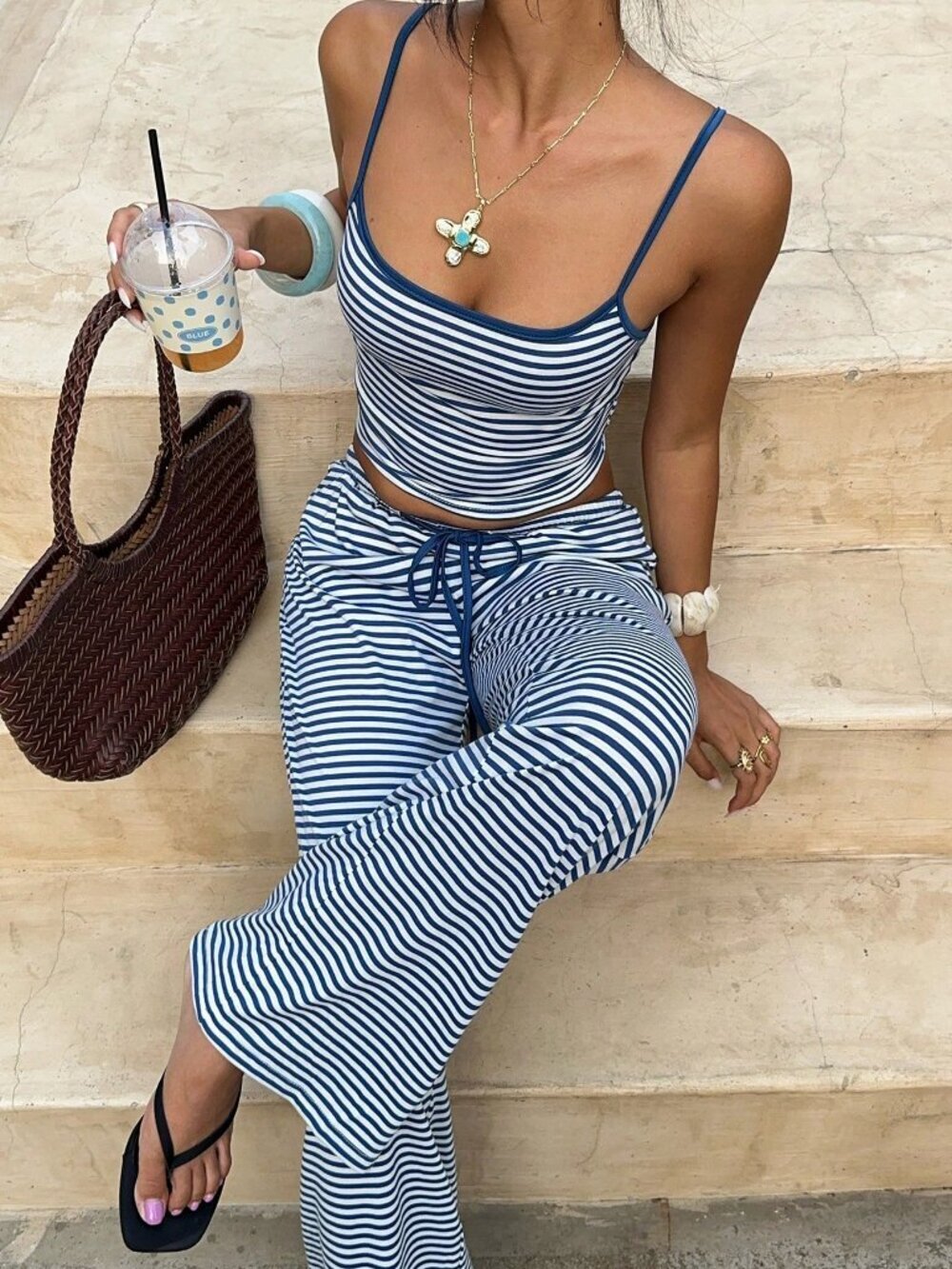 Blue Casual Women's Striped Camisole And Pants Loungewear Set